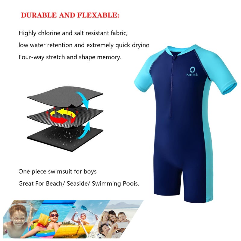 karrack Girls and Boys One Piece Rash Guard Swimsuit Kid Water Sport Short Swimsuits UPF 50+ Sun Protection Bathing Suits Blue - Image 3